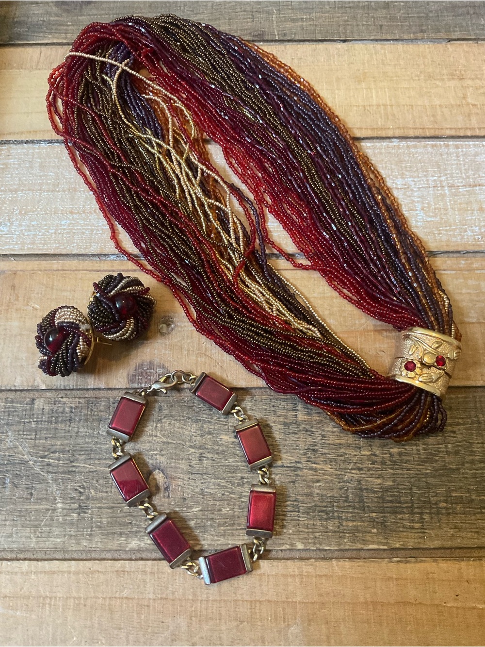 Vintage 1990s Curated Ruby Red Statement Necklace & Earring Set